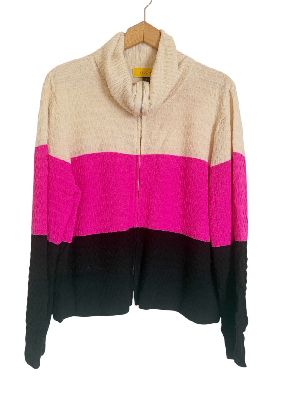 St. John Colorblock Wool Knit Fold Over Collar Front Zip Cardigan size XL